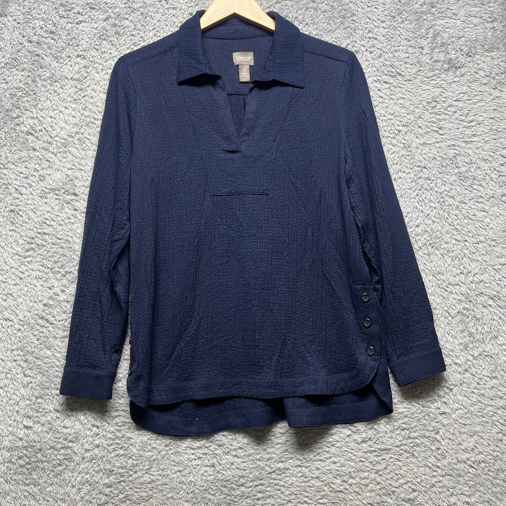Chicos Tunic Top Womens 1 US Medium Blue Gauze‎ Collar V Neck Casual Coastal